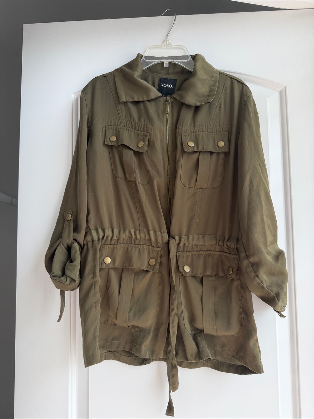 Lightweight Olive Utility Jacket with Drawstring Waist